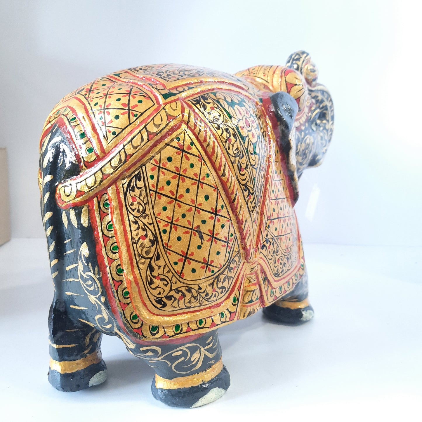 Paper Machie Elephant Saluting Wood Black Gold Paint