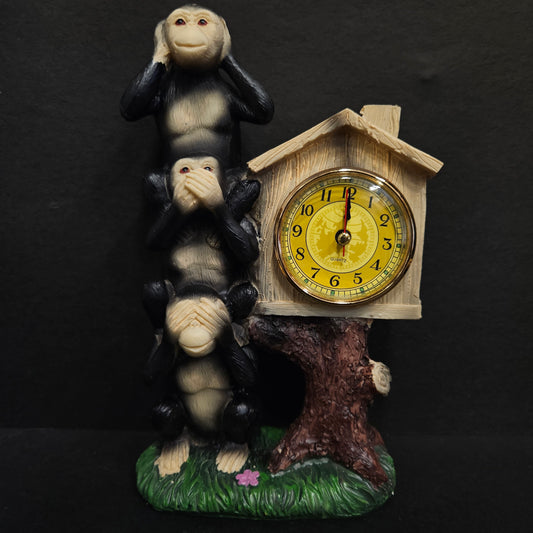 Three Wise Monkeys See Hear Speak No Evil Resin Figurines with Desktop Analog Clock Standard statue showpiece Figurine