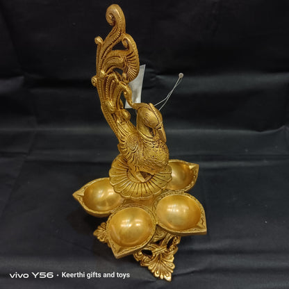 Peacock Diya 5 leaf design brass antique