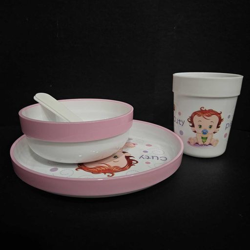 Babies food feeding set contains glass plate bowl with spoon and fork