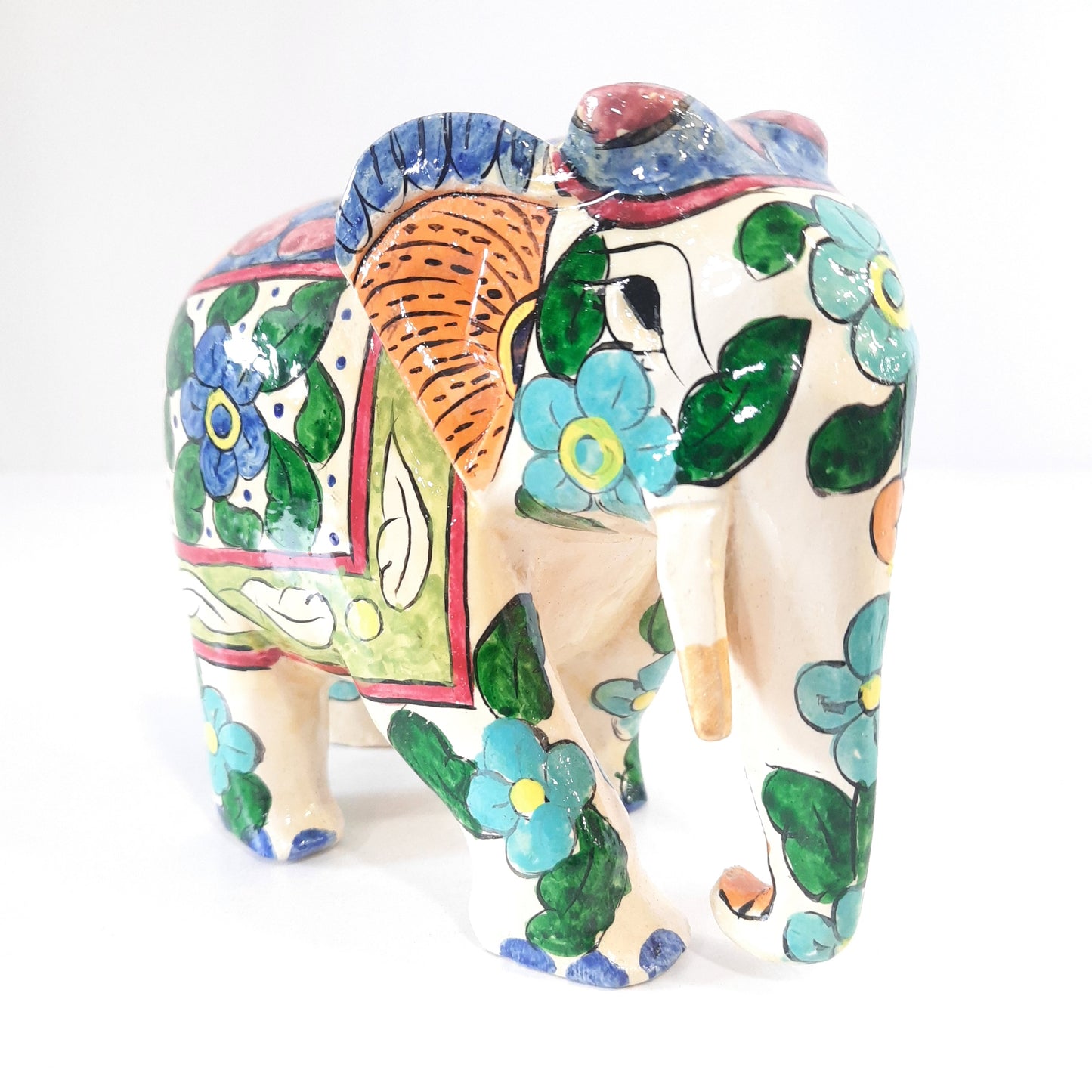 Wooden Elephant Fat T/D W/Blue & White Paint
