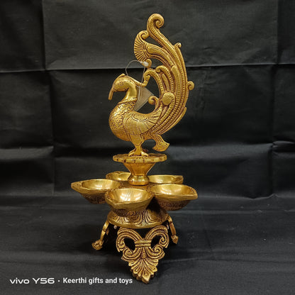 Peacock Diya 5 leaf design brass antique