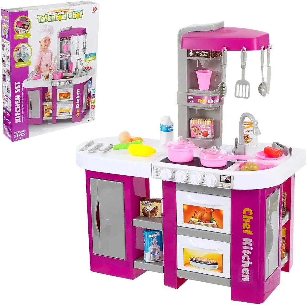 Kitchen Set for Kids with Realistic Lights Sounds Cooking Playset Toy Kitchen Set Accessories Set with Running Water Function Best Gift for Kids Girls