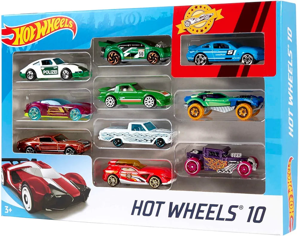 Hot wheels pack of 10 different racing cars for tracks to kids from 3 years above age group