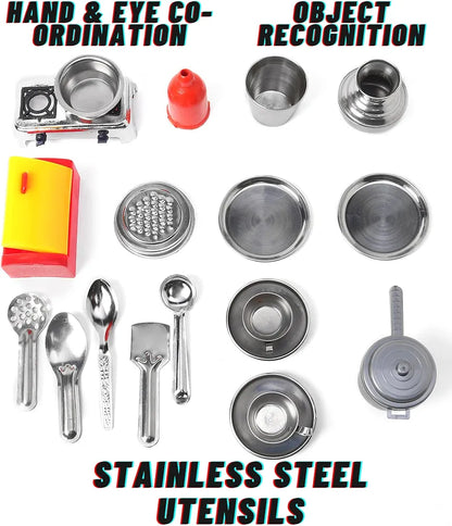 Royal Kitchen Stand Kitchen Set, Mini Stainless Steel Utensils, Wooden Stand, Roleplay Toy for Kids, Playset Kitchen Set for kids