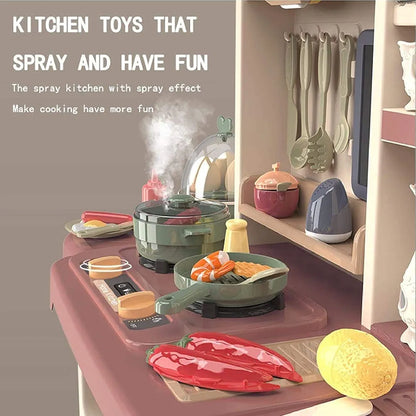 65 Piece Orginal Spraying Mist Kitchen Set with Light Sound Sink Water Steam Accessories Set with Light and Sound for Kids
