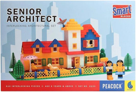 Packaging for 'Senior Architect Interlocking Architectural Set' with a image of a colorful house-shaped block structure and a guidebook titled 'Peacock'. The set is for ages 5 and up.