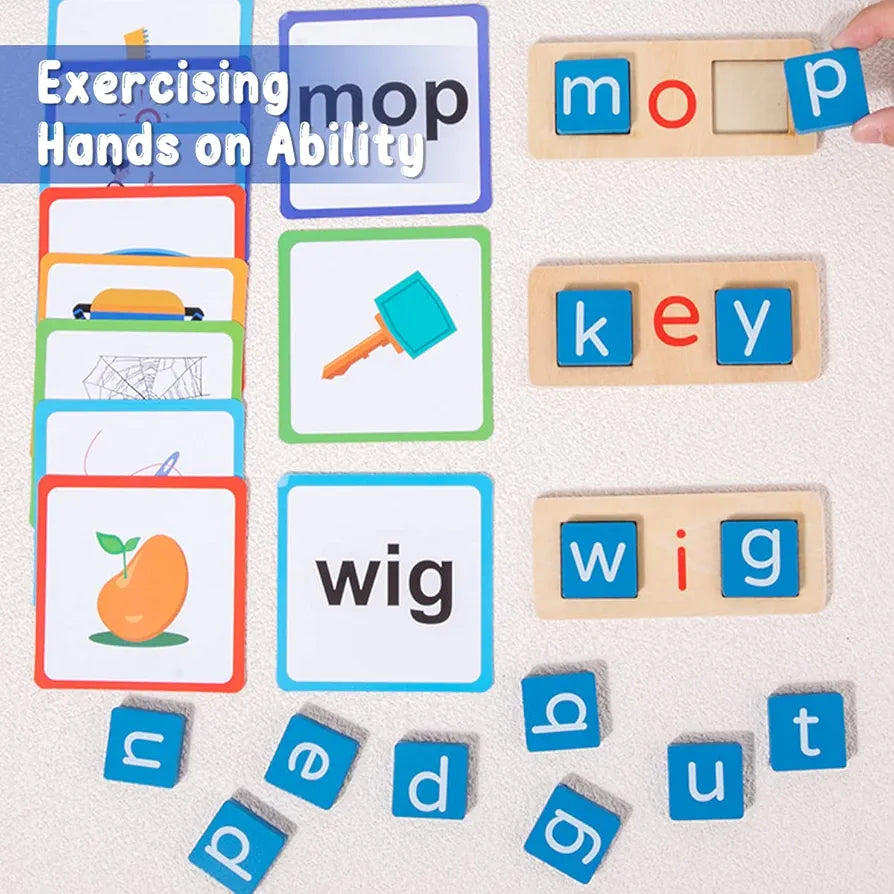Wooden Reading Blocks Wooden Word Spelling Games Educational Spelling Games Preschool Montessori Word Reading for Years Old Kids Kindergarten Sight Words Flash Cards Alphabet Learning Toy for Toddlers