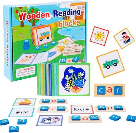 Wooden Reading Blocks Wooden Word Spelling Games Educational Spelling Games Preschool Montessori Word Reading for Years Old Kids Kindergarten Sight Words Flash Cards Alphabet Learning Toy for Toddlers