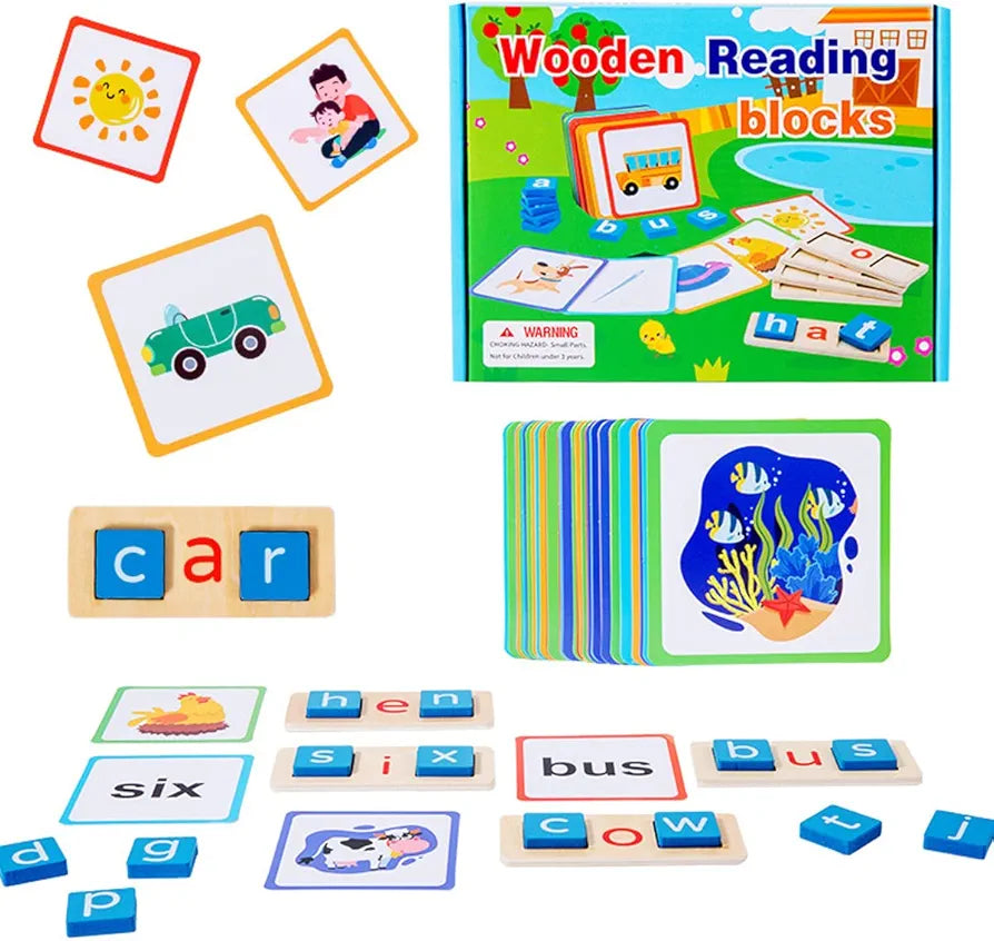 Wooden Reading Blocks Wooden Word Spelling Games Educational Spelling Games Preschool Montessori Word Reading for Years Old Kids Kindergarten Sight Words Flash Cards Alphabet Learning Toy for Toddlers