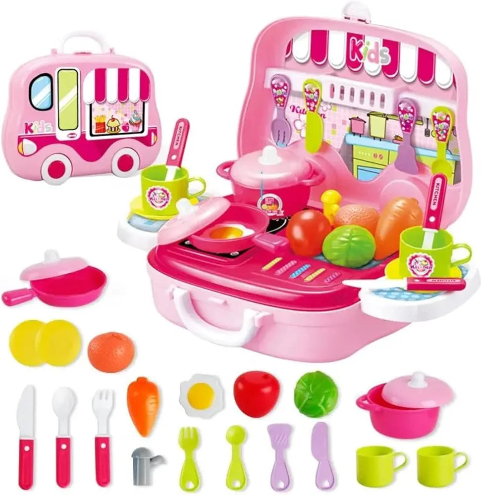 Kitchen on Wheels Plastic Cooking Pretend Play Kitchen Toy Set for Boys and Girls Suitcase Bag with Wheels, Food Party Role Play for Kids
