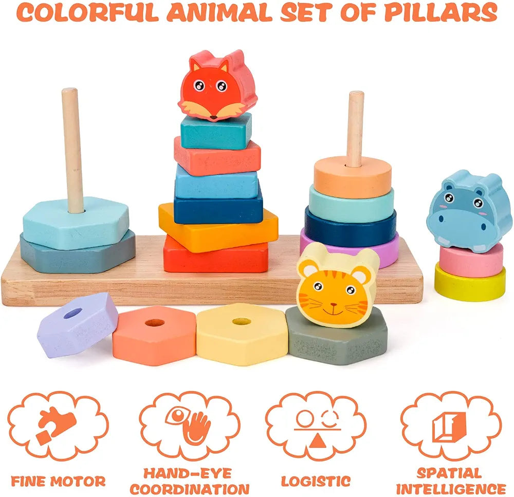 Colourful Animal Set Of Pillars Wooden Toys For Kids Montessori Toy For Girl Boys Birthday Gift for 1 to 3 Years Old Kids Wooden Toys Building Blocks For Kids Brain Development