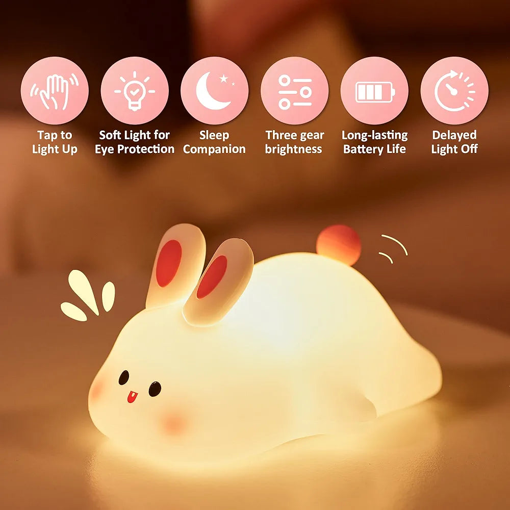 Big Face Rabbit silicone night light.soft lighting, tapping sensor, timed light off,rechargeable,birthday gifts for boys girls
