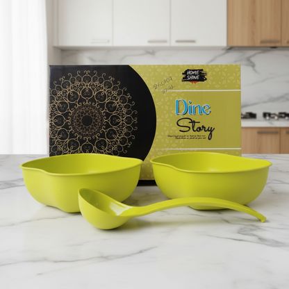 Green bowls and ladle set with 'Dine Story' packaging in a kitchen setting