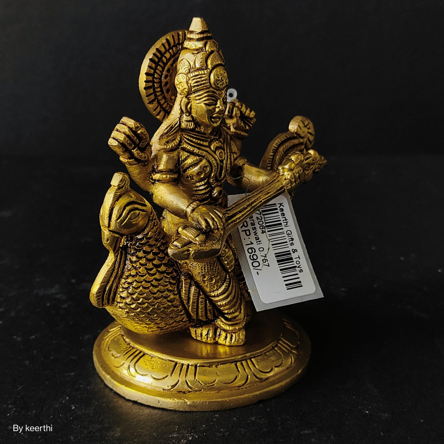 Goddess Saraswati Plays Veena on Her Swan In Brass