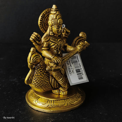 Goddess Saraswati Plays Veena on Her Swan In Brass