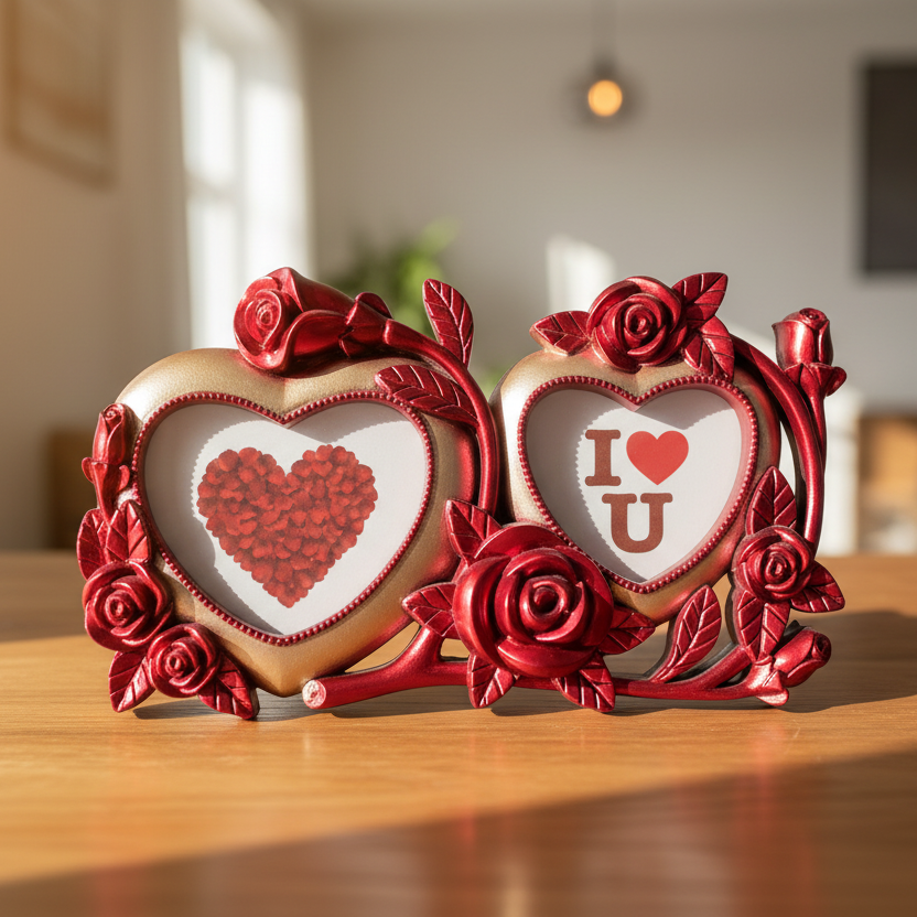 Two heart-shaped decorative items with floral designs on a white background