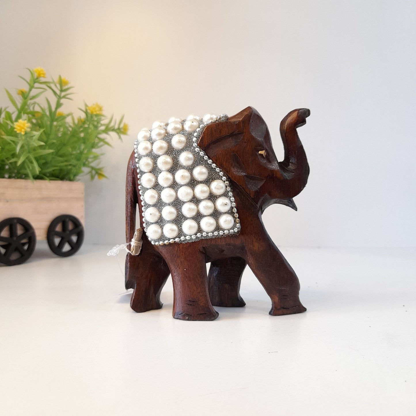 Wooden Elephant W/Pearl And Silver Paint