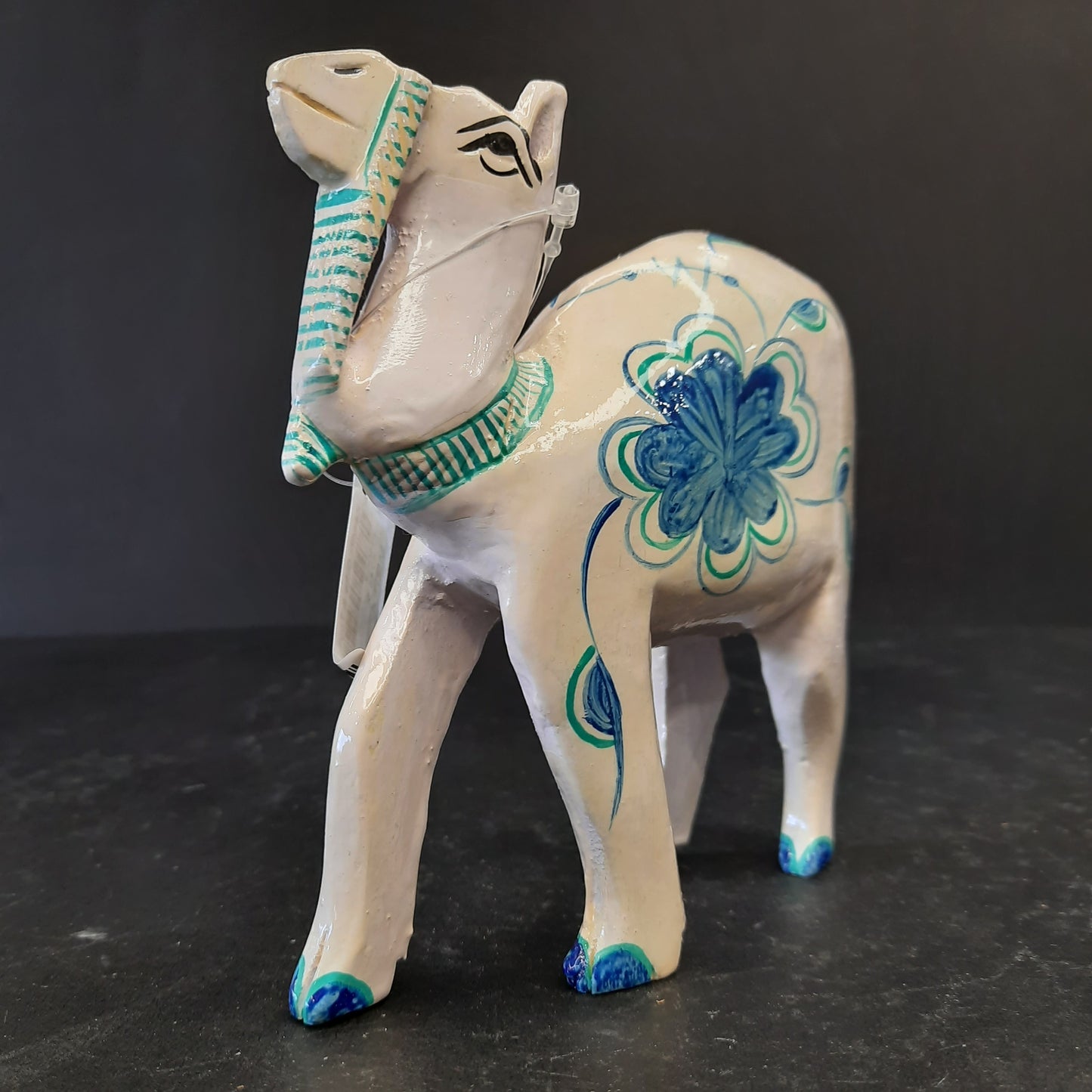 Wooden Camel W/Blue Flower Paint