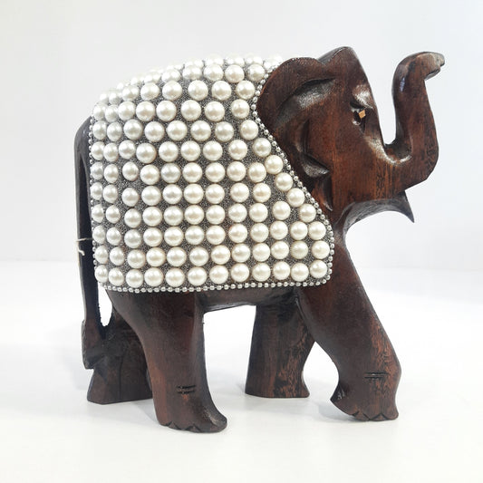 Wooden Elephant W/Pearl And Silver Paint