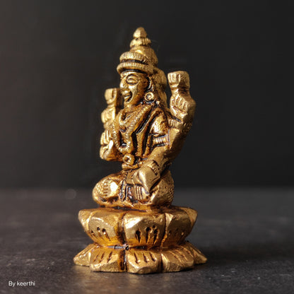 Brass Small Laxmi Ji Sitting on Kamal Flower Beautifull Base Carving Work Mahalaxmi Maa Devi Murti Home Statue Idol