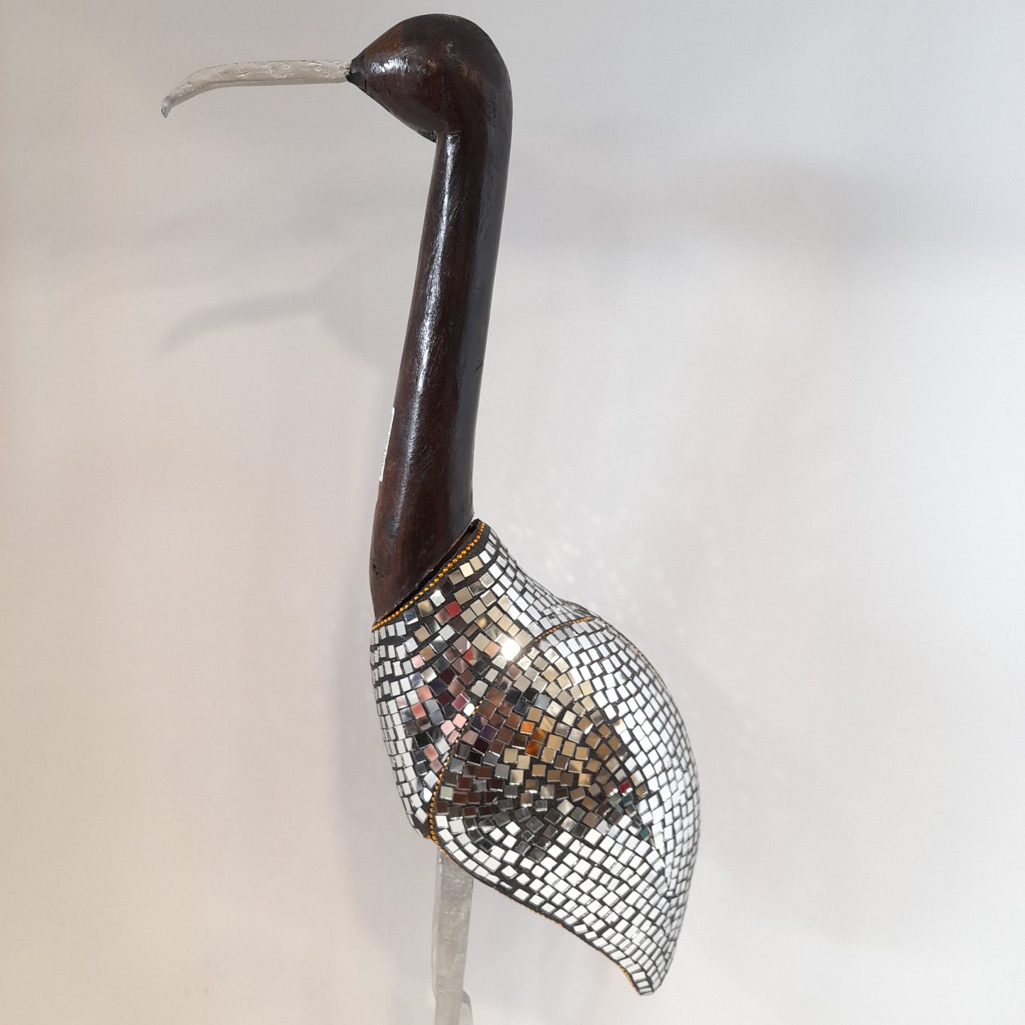 Metal & Wood Crane W/Glass Work Oxod