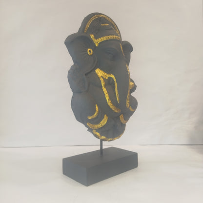 Paper Machie Ganesh on Base Wooden Black Gold Finish