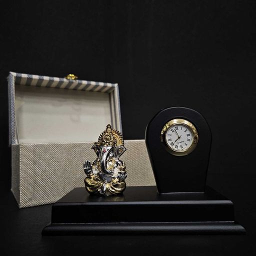 Silver plated vinayaka with dail clock for desktop