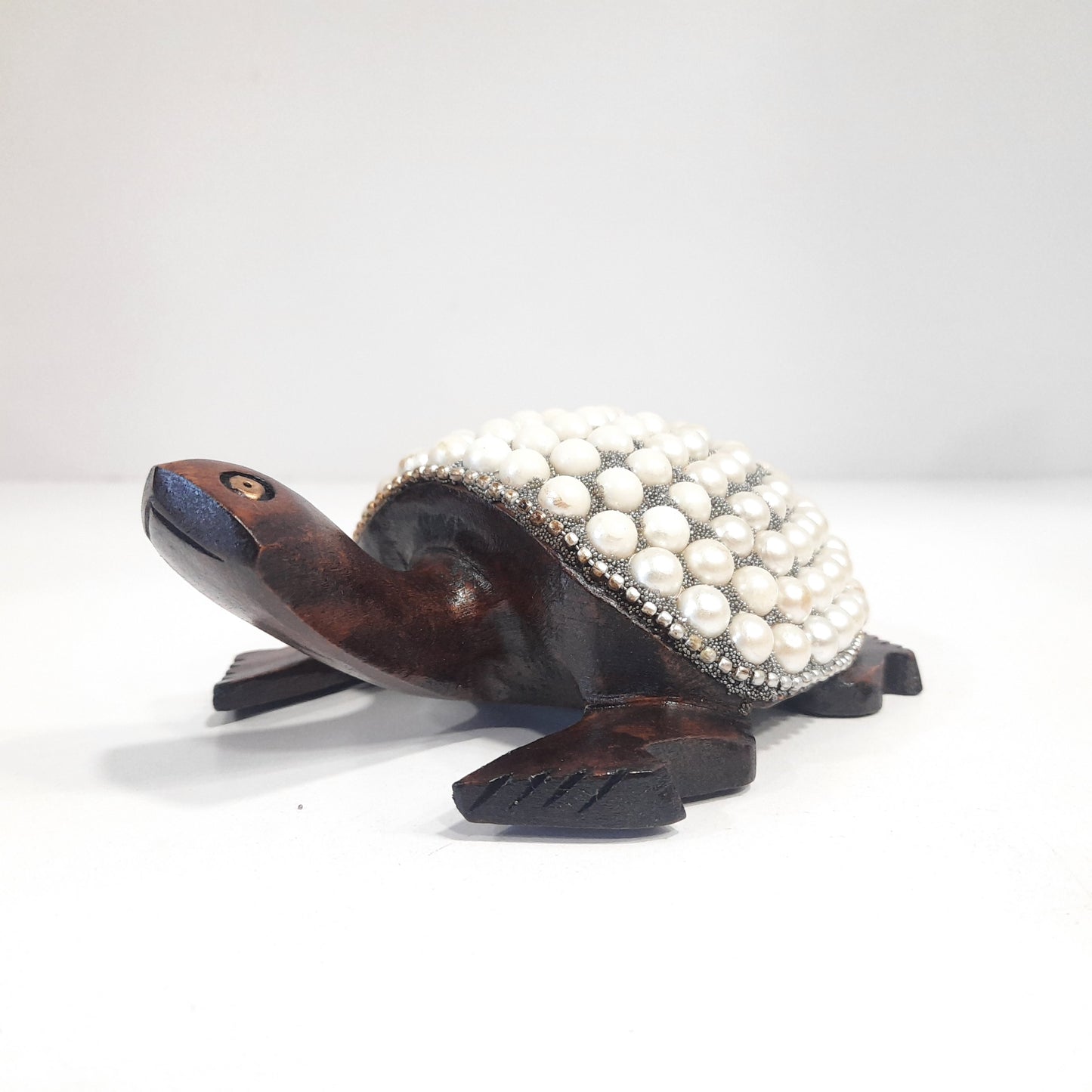 Wooden Turtle W/Pearl And Silver Paint