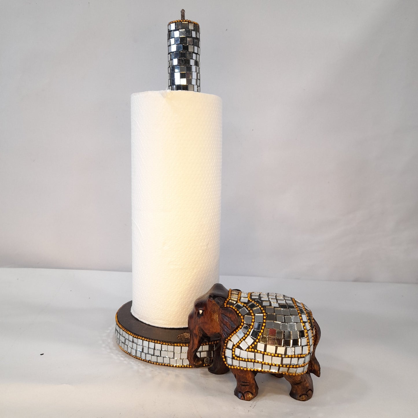 Wooden Paper Towel Holder With Elephant Glass Work