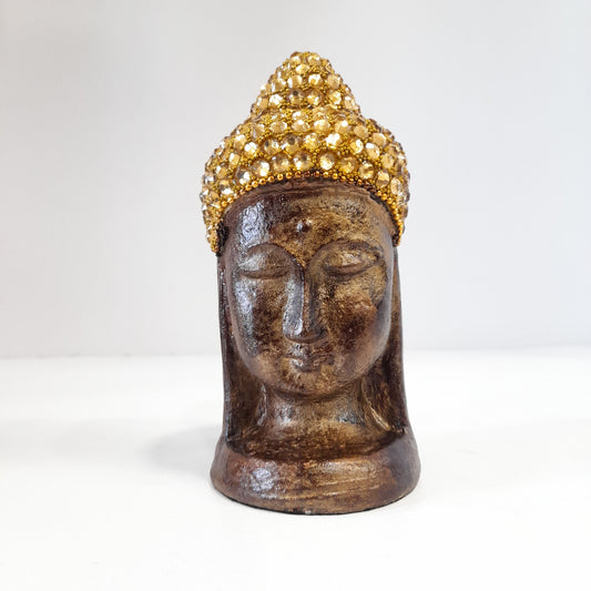 Paper Mache Gautam Buddha Head Gold Chitton Work Golden Brown Texture