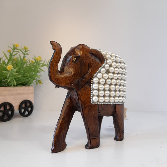 Wooden Elephant W/Pearl And Silver Paint