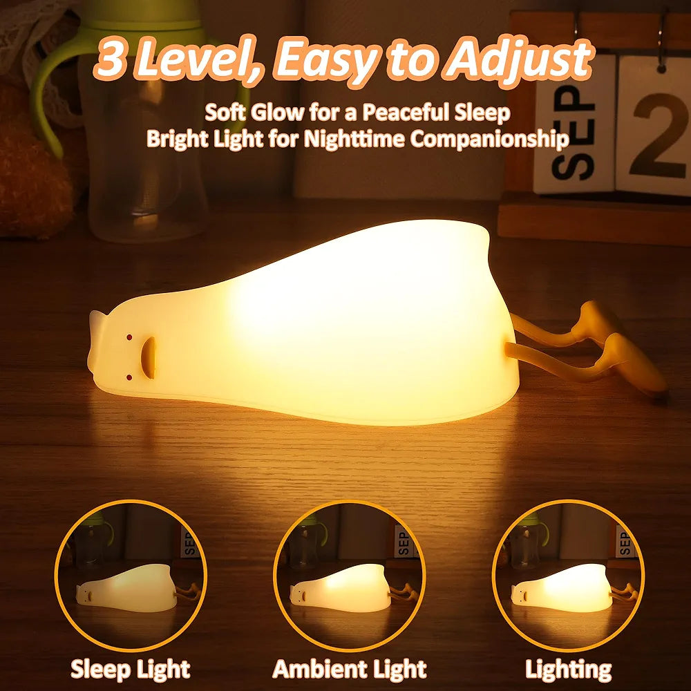 Lie In Peace Duck Sleep Lamp," also known as a "Lying Flat Duck Night Light". It is a rechargeable LED night lamp designed for children.