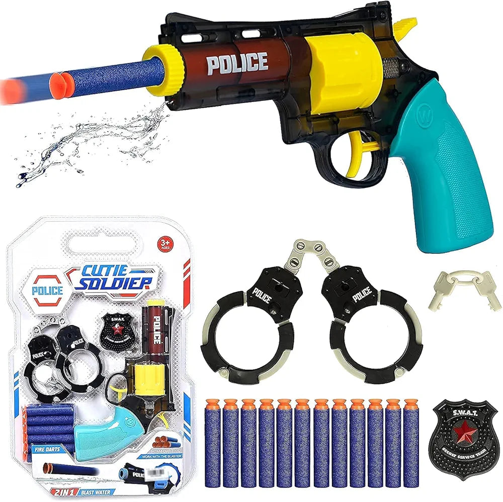 Child Police Role play toy Game set. 2 in 1 soft Foam Dart and water toy gun, with Handcuffs, police Badge for kids 3y above