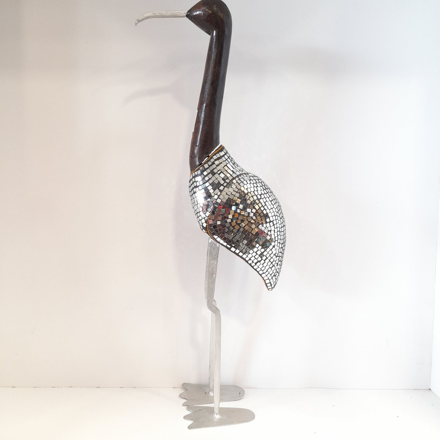Metal & Wood Crane W/Glass Work Oxod