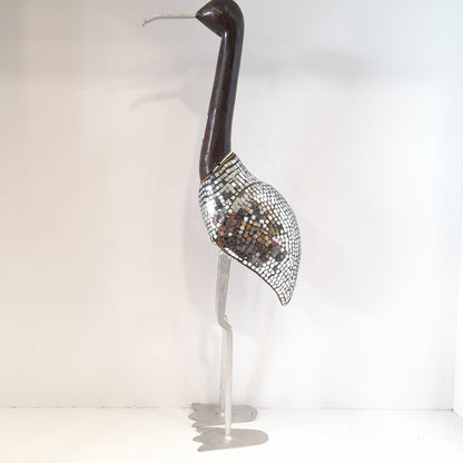 Metal & Wood Crane W/Glass Work Oxod