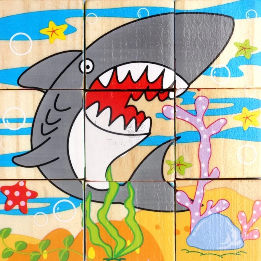 3D Jigsaw Puzzle Wooden Cube Block Sea Animals 6 Face 9 Pieces with Storage Tray Set For 3Years above age kids