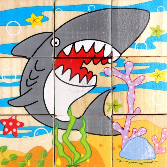 3D Jigsaw Puzzle Wooden Cube Block Sea Animals 6 Face 9 Pieces with Storage Tray Set For 3Years above age kids