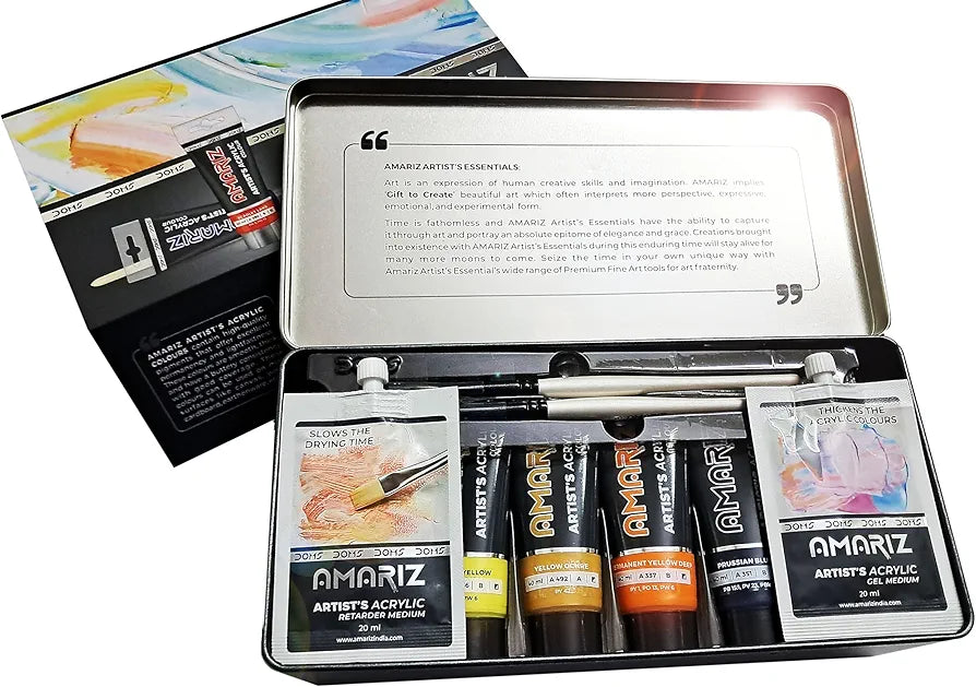 Doms Amariz Artist's Acrylic Colours, a set of 12 acrylic paint tubes, each containing 40ml of paint.