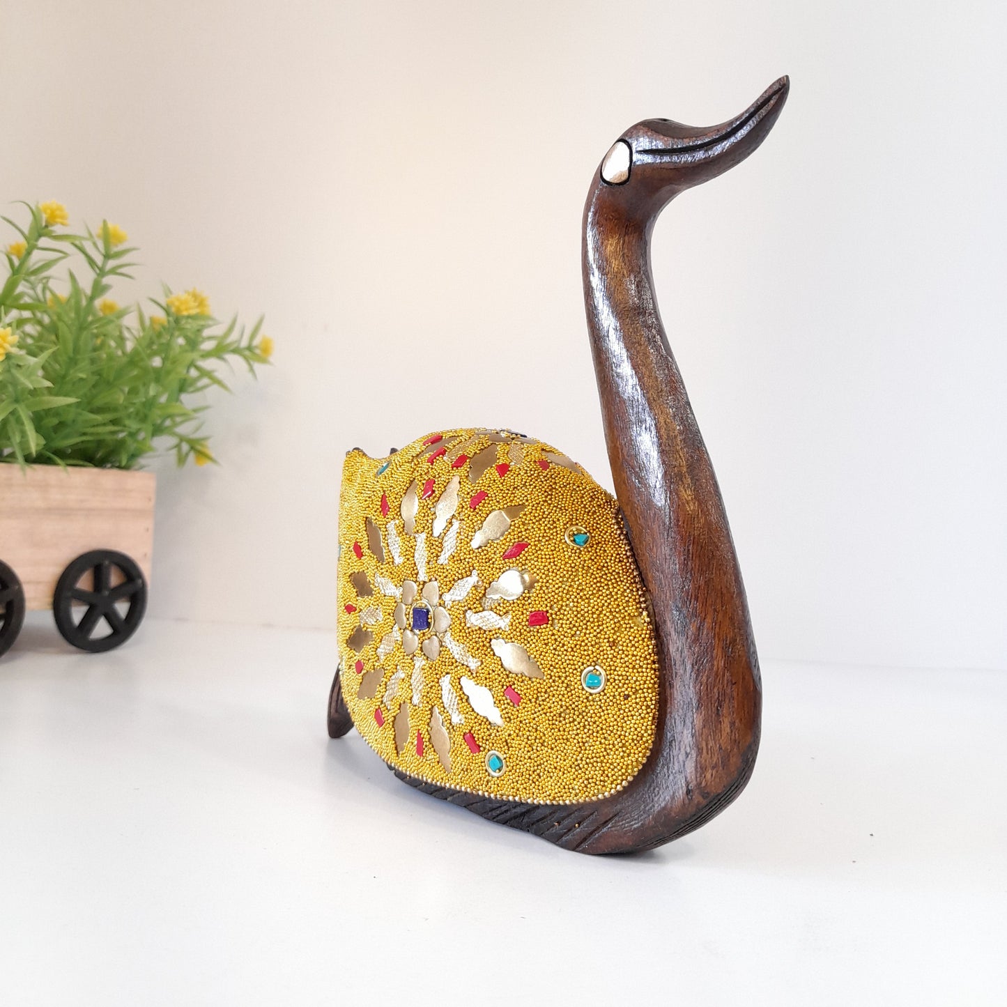 Wooden Duck Golden Microbead and Brass Chip Texured