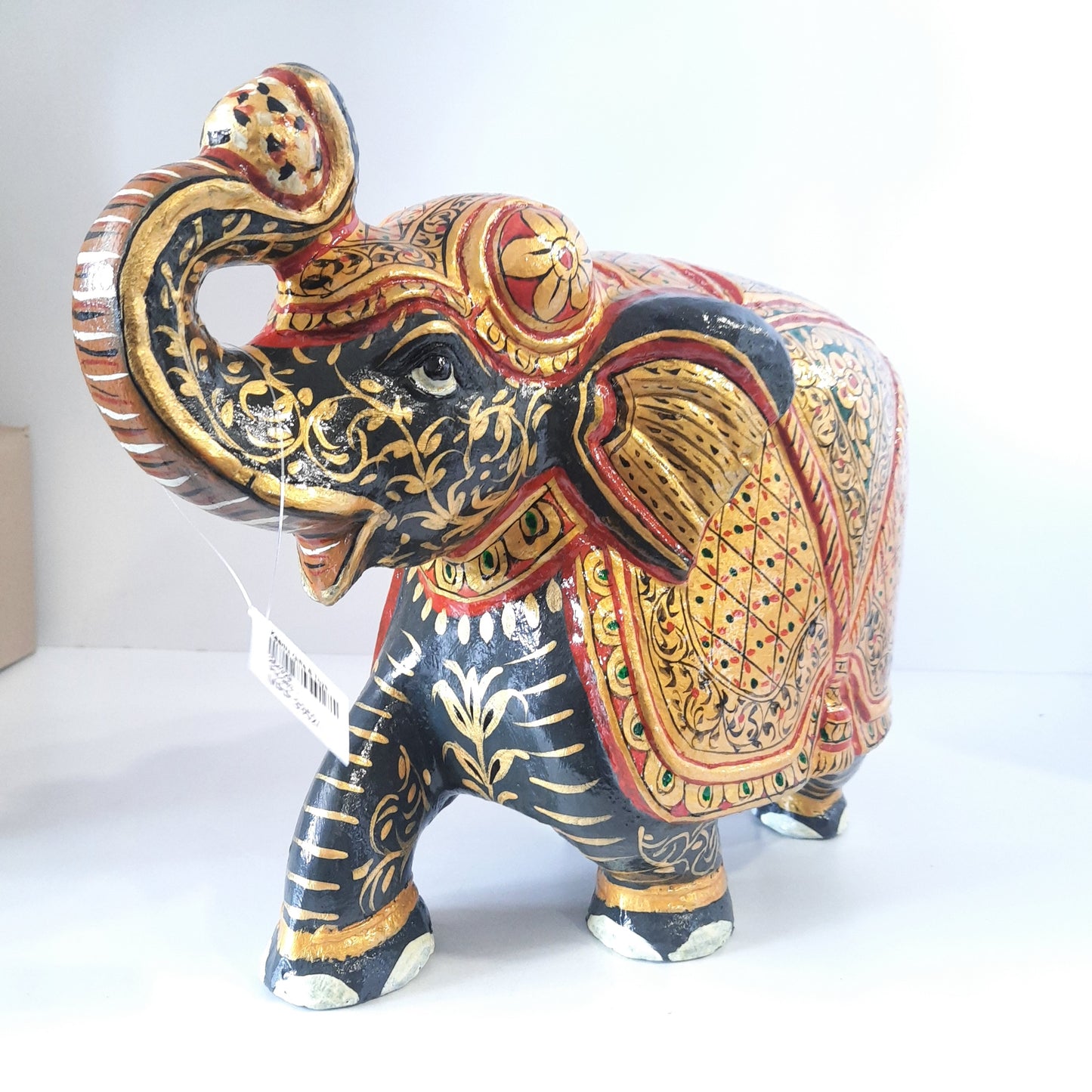 Paper Machie Elephant Saluting Wood Black Gold Paint