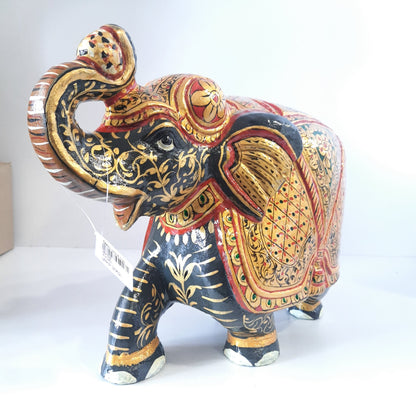 Paper Machie Elephant Saluting Wood Black Gold Paint