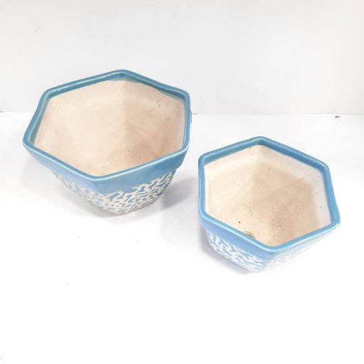 Blue Hexagon shaped Ceramic Pot Handmade Handpainted Ceramic Pot for Plants Without Plant for Indoor, Home, Garden Decor