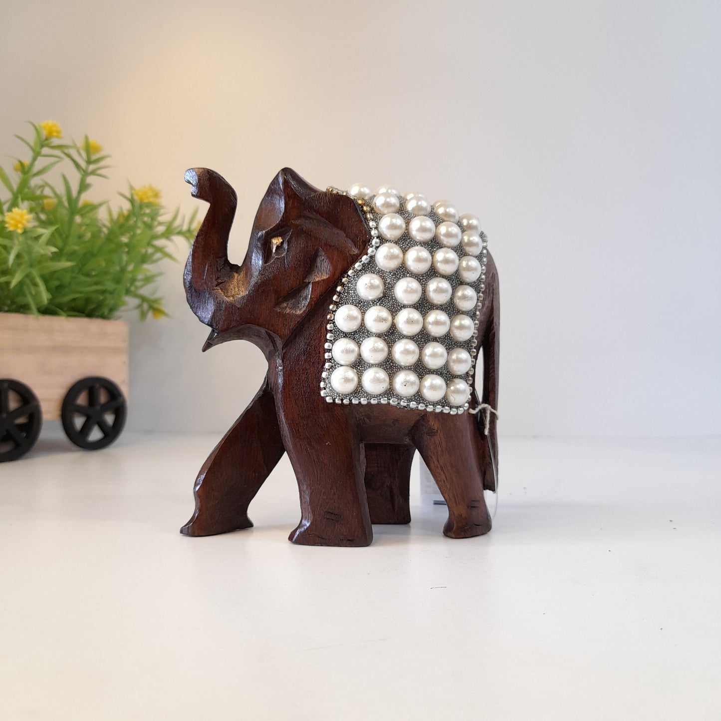 Wooden Elephant W/Pearl And Silver Paint