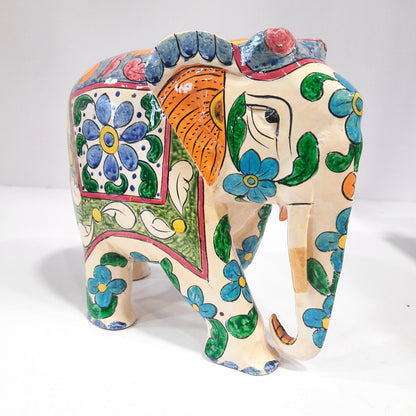 Wooden Elephant Fat T/D W/Blue & White Paint