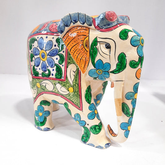 Wooden Elephant Fat T/D W/Blue & White Paint