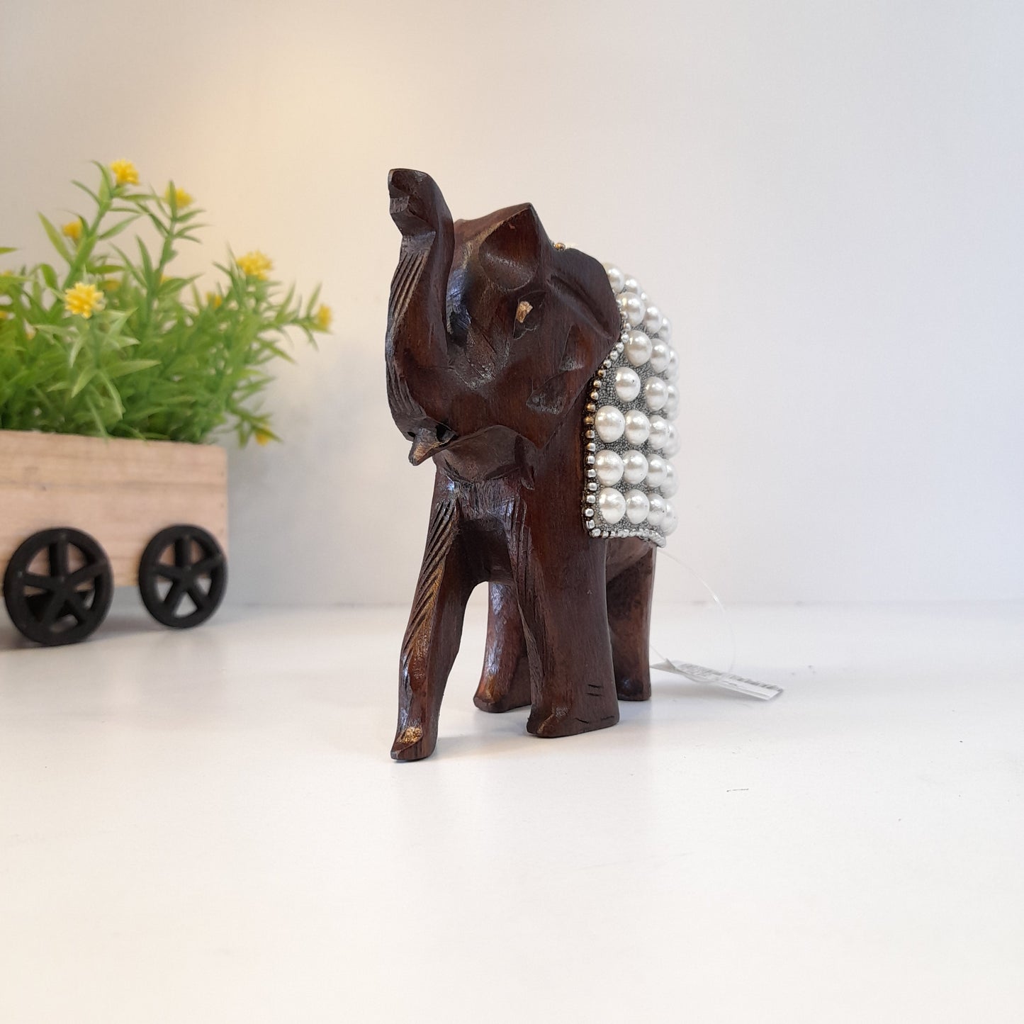 Wooden Elephant W/Pearl And Silver Paint