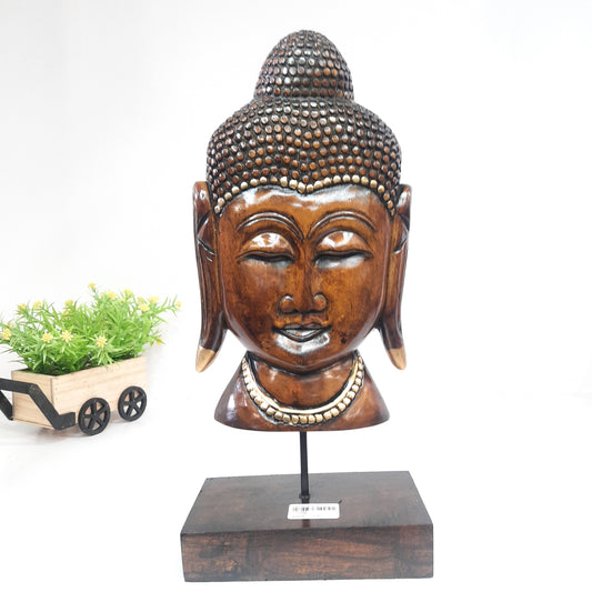 Wooden Gautham Buddha Bust on Base
