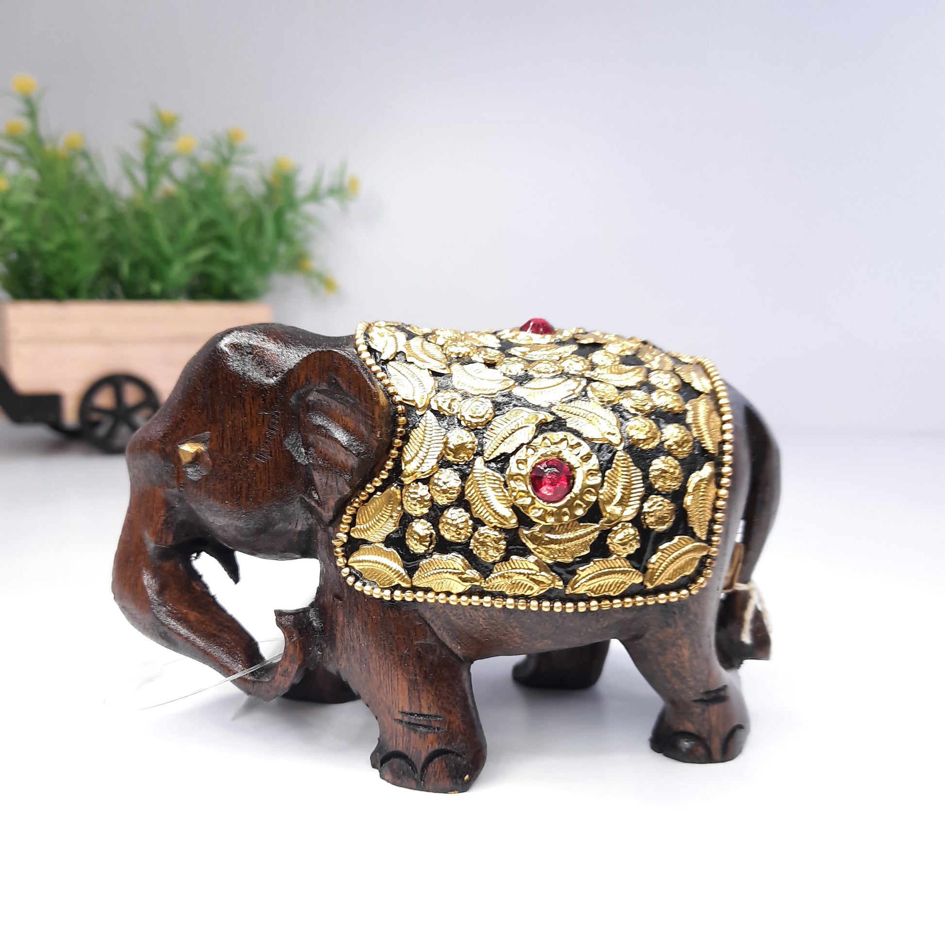 Wooden Elephant T.D Fat W/Brass Chitton Work Oxod