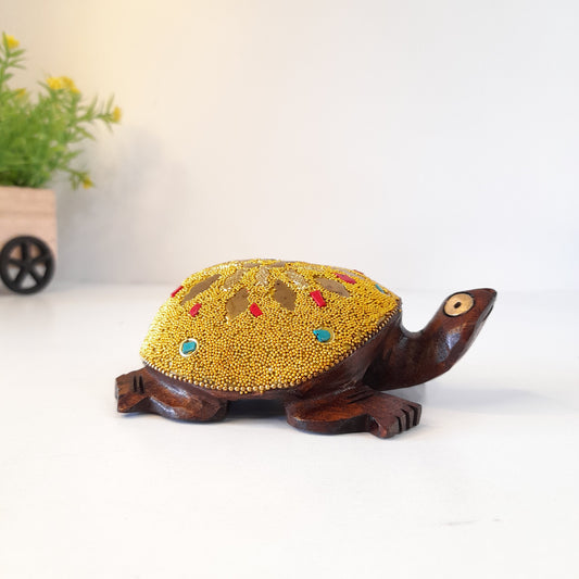 Wooden Turtle Golden Microbead And Brass Chip Texured